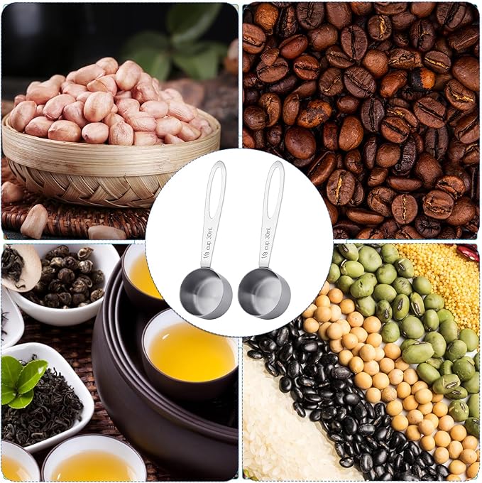 2Pcs 1/8 Cup Measuring Cup, 30ml Scoop, Stainless Steel Measuring Cups, Coffee Scoops, Measuring Scoops Tablespoon Measure Spoon, Long Handle Cooking Measuring Scoop(30ML)