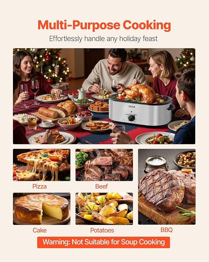 VEVOR Roaster Oven, 24QT Electric Turkey Roaster Oven, 150-450℉ Adjustable Temperature Electric Roasting Pan with 3 Bin Buffet Server, Self-Basting Lid, Defrost & Warm Function, Self-Basting Lid