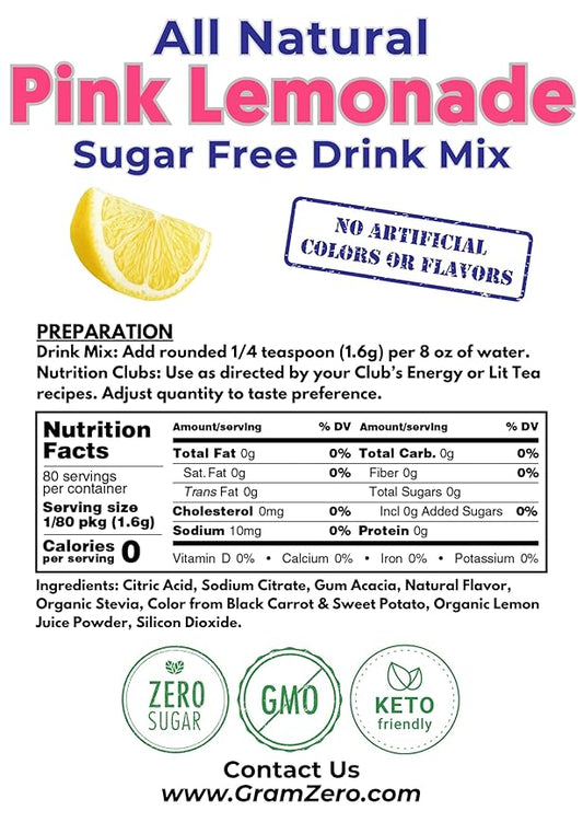 GramZero All Natural Pink Lemonade Zero Calorie Sugar Free Drink Mix, Great For Nutrition Club Loaded Tea, Stevia Sweetened