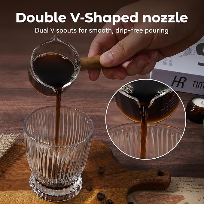 2 Pack Espresso Shot Cups Measuring cups, Wooden Handle V-Shaped Double Spout Espresso Shot Glass, Coffee Bar Essentials, coffee accessories
