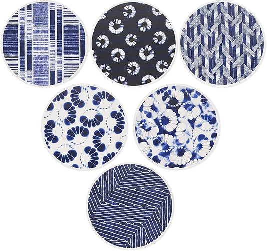 AD Set of 6 Coasters for Drinks Absorbing Round Ceramic Stone Coaster with Cork Base,Tabletop Protection Mat for Mugs and Cups,Office,Kitchen (Shibori)