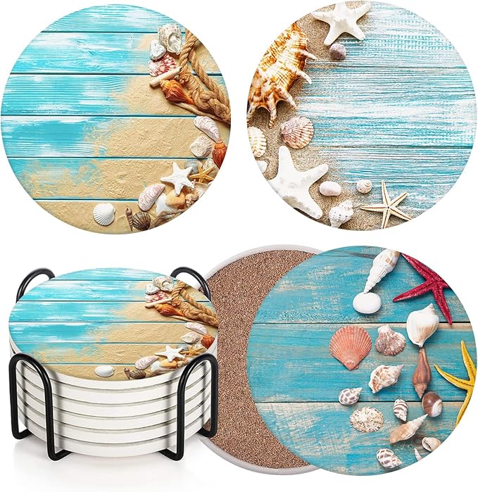 Britimes Coaster for Drinks Set of 6, Shells Blue Wooden Space Beach Table Absorbent Round Ceramic Stone Mat, with Cork Base and Metal Holder, Gift for Housewarming Room Bar Decor
