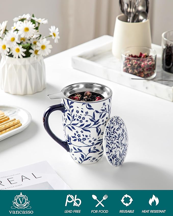 vancasso SELENE Porcelain Tea Mug, 18 oz Porcelain Tea Cup with Infuser and Lid Steeps Loose Leaf Tea, Microwave & Dishwasher Safe, Delicate Floral