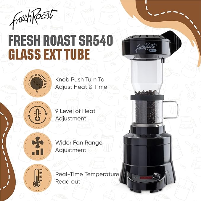Fresh Roast Coffee Roaster Bundle SR540, Glass Extension Tube, Pour Over Digital Scale, 800ML Glass Pour Over, Electric Kettle, (2lbs) Sample Pack of Green Beans, (2-Pack) Sample Trays, Chaff Brush