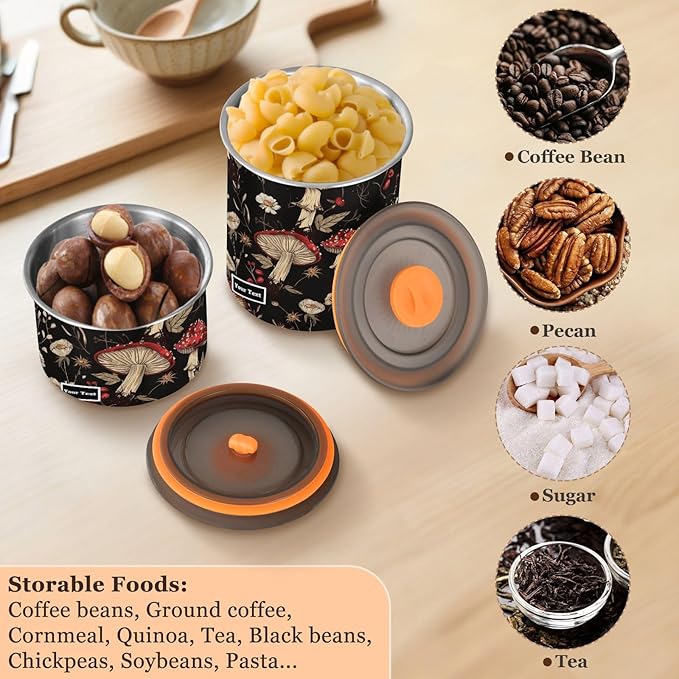 ALAZA Mushroom Daisy Flower Kitten Cats Airtight Coffee Bean Canister Customed 900ml Food Storage Containers with Lids For Gournd, Tea, Sugar, Flour, Rice, Cereal, Candy Cookie Jar