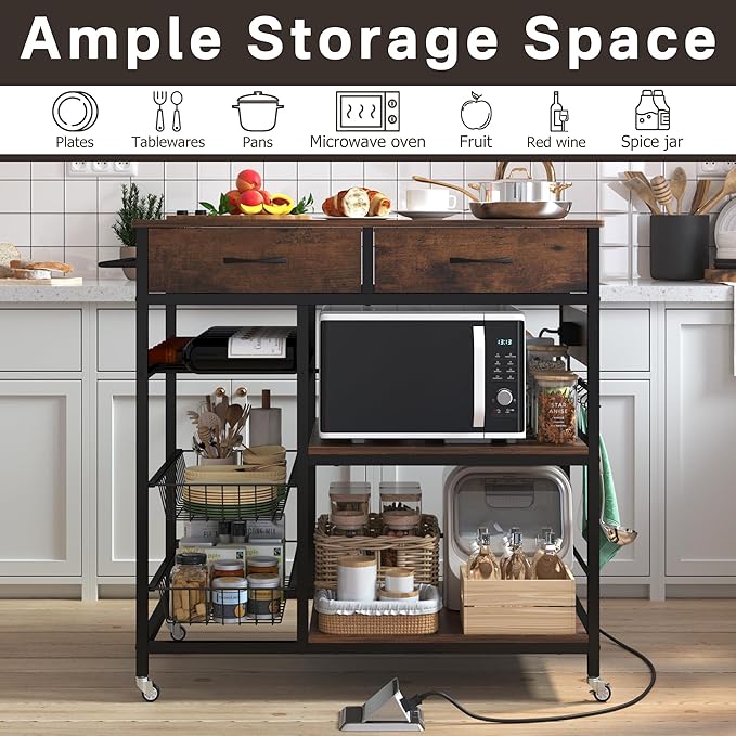 Kitchen Island with Storage,Industrial Kitchen Island on Wheels,Rolling Kitchen Island Cart with Power Outlet,Modern Island Table for Kitchen with Drawers,Shelves and Baskets,Rustic Brown
