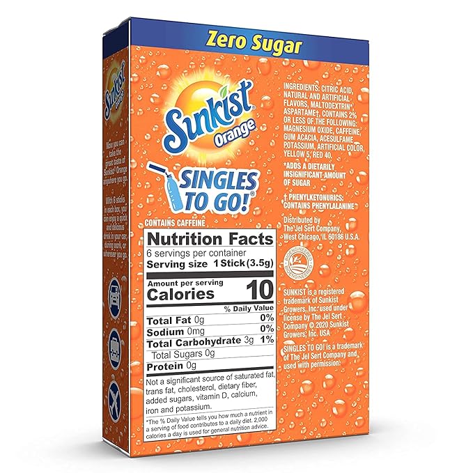 SINGLES TO GO! Sunkist Singles To Go Drink Mix Orange, 3 Boxes with 6 Packets Each -18 Total Servings