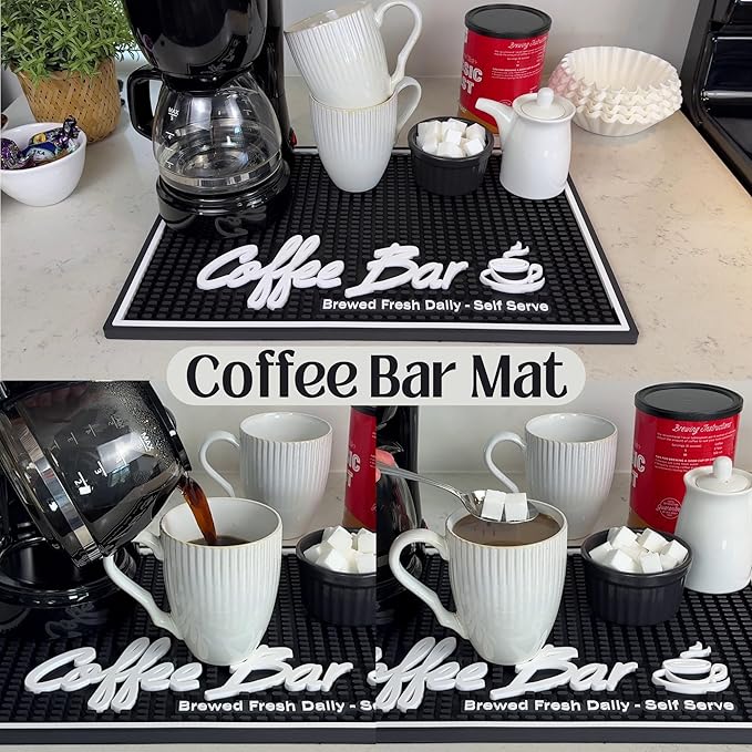 Coffee Station Mat Brewed Fresh Daily Self Serve Coffee Bar Mat for Countertop, Large 18 x 12 in for Modern Kitchen Decor and Accessories, Bar Mats for Bartending