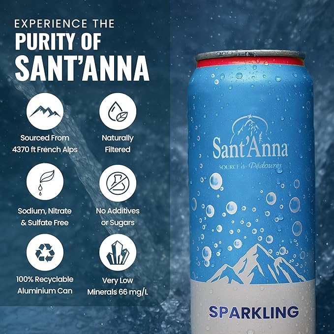 Sant'Anna Sparkling Natural Mineral Water, 11.16 Fl Oz (24-Pack) | Pure French Pyrenees Mountain-Fresh Drinking Water | Natural Functional Drink | Sodium-Free Mineral in Cans