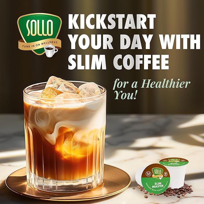 SOLLO Organic Slim Coffee Pods, Medium Roast, Low Acid, Diet-Support, Slim, Single Serve Pods, Compatible With 2.0 K-Cup Keurig Brewers, 24 K Cup