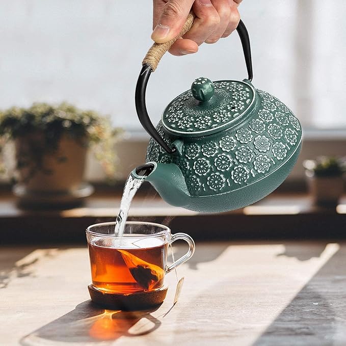 Sotya Cast Iron Teapot, 40oz/1200ml Japanese Tetsubin Tea Pot with Infuser for Loose Leaf and Tea Bags, Tea Kettle Coated with Enameled Interior for Stove Top, Dark Green