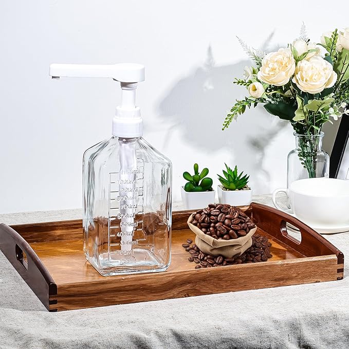 Uceoo Coffee Syrup Dispenser, Glass Syrup Bottle With Plastic Pump, 37 Oz Large Capacity Square Syrup Pump Dispensers for Coffee Bar, Simple Clear Pump Bottle for Honey, Condiments, Salad Dressings