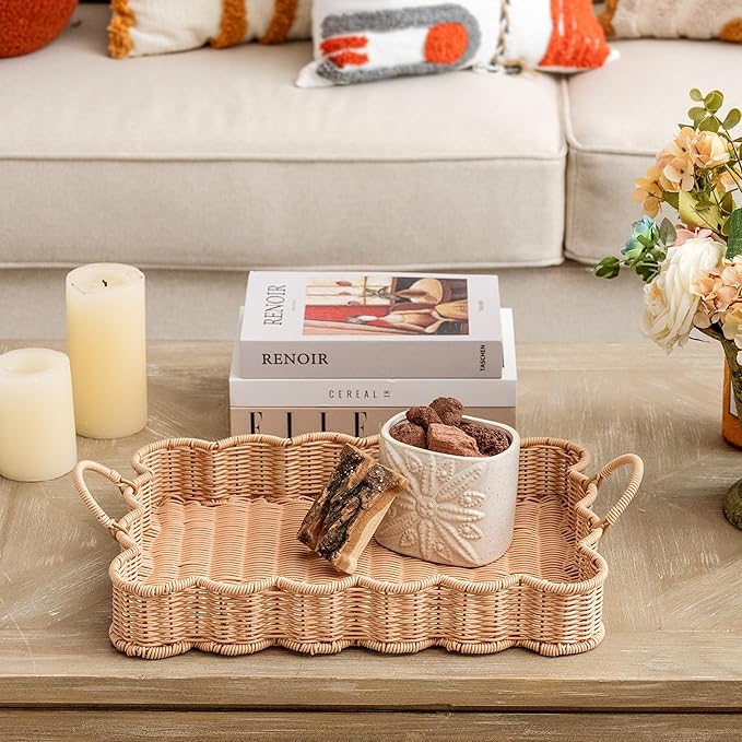 GRANNY SAYS Scalloped Edge Rectangle Wicker Serving Tray, Coffee Table Tray, Serving Trays with Handles, Decorative Tray for Entryway, Coffee Table, Woven Tray for Serving, 15 ¾"×11 ½"×2 ¼"