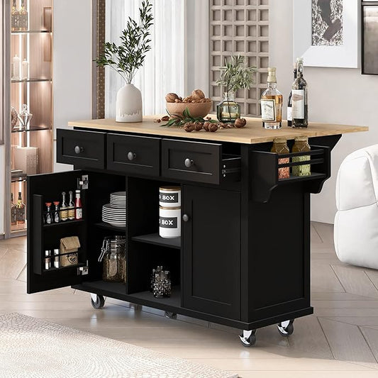Yayzy Rolling Kitchen Island with Drop Leaf, Cabinet Door Storage Racks & 3 Drawers, Mobile Kitchen Cart with Rubberwood Top & Locking Wheels for Dining Room & Kitchen, 53-Inch, Black