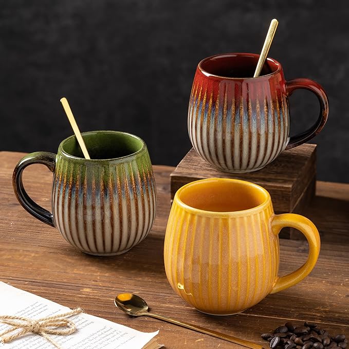 Unique Kiln-Fired Glaze Ceramic Mug (16 oz) with Gold Coffee Spoon – Stoneware Handcrafted Drum Shape Large Cup, Dishwasher Oven Safe, Brilliant Yellow