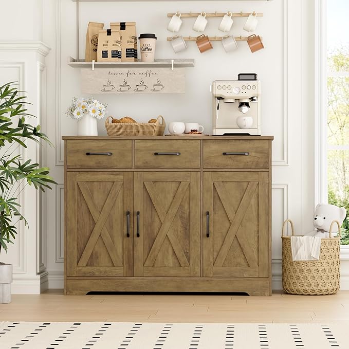 HOSTACK Modern Farmhouse Buffet Sideboard Cabinet, Barn Doors Storage Cabinet with Drawers and Shelves, Wood Coffee Bar Station for Dining Room, Kitchen, Living Room, Rustic Brown