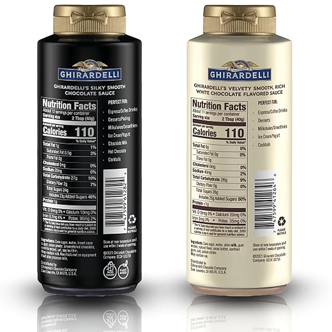 Ghirardelli Flavored Sauce Variety Pack | 16 oz Bottles (Pack of 2) | White Chocolate and Chocolate Dessert Toppings for Coffee Drinks, Ice Cream, and Baking Recipes