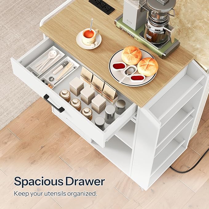 HOOBRO Kitchen Island on Wheels, Rolling Island Cart with Power Outlet, Kitchen Storage Table with Sliding Barn Doors, 1 Drawer and Spice Rack, for Home, Dining Room, White WN60UZD01