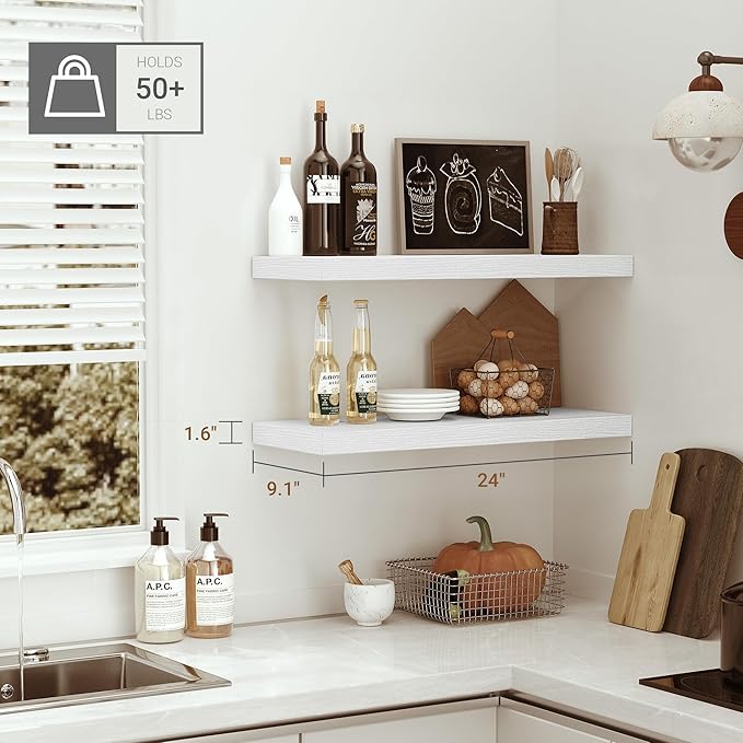 Vivelove Floating Shelves for Wall 24 inchs Long, 9.1” deep Wall Shelf for Bedroom, Bathroom, Living Room, Kitchen, Office Home Decor, Deep Wood Shelves with Invisible Brackets, Set of 2 White