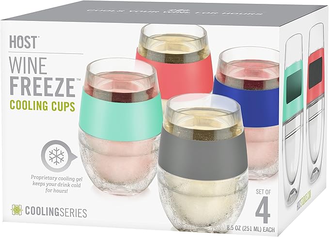 Host Wine Freeze Cooling Cups, Plastic Wine Glasses for Red and White Wines, Double Wall Insulated Freezable Drink Chilling Tumbler, Champagne Gifts for Women, 8.5 oz, Set of 4, Assorted Colors