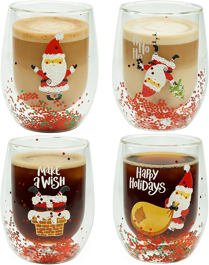 Christmas Mugs, 8 oz Double Wall Insulated Glass Coffee Mugs Set of 4, Cute Funny Mugs Coffee Cups for Cappuccino, Latte, Americano, Tea, Wine and Beverage