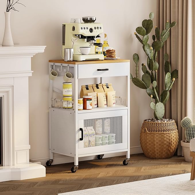 Homeiju Kitchen Island Cart, Kitchen Storage Cart with Drawer, Microwaves Stand, Coffee Cart, Rolling Kitchen Cabinet Cart with Hooks for Kitchen, Dining Room, White