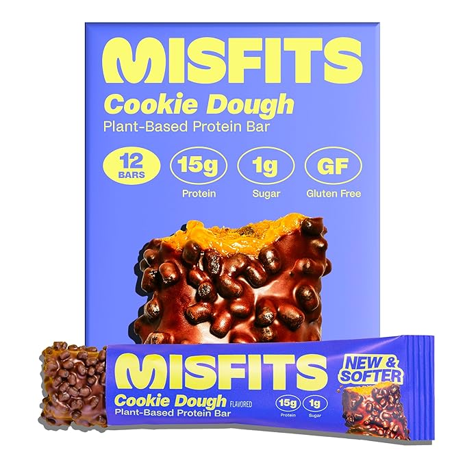 Misfits Vegan Protein Bars - Chewy Cookie Dough | Nutrition Bars - 15g Protein, 1g Sugar, Plant-based, Low Carb, Non-GMO, Gluten Free Snacks | Pack of 12