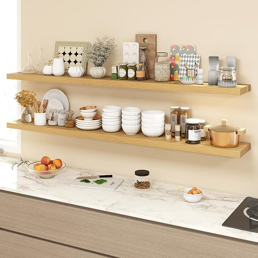 72 Inch Floating Shelves, 9.3" Deep Floating Shelf Wall Mounted, 72" Wall Shelves, Rustic Deep Bookshelf, Large Display Shelves & Storage Shelves for Bedroom, Living Room, Oak, Set of 2