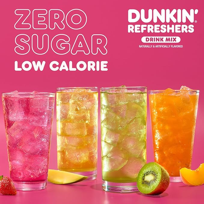 Dunkin’ Refreshers Singles To Go! Powdered drink mix packets, Peach Passionfruit Lemonade,10 packets per box Energy from Green Tea, aspartame-free, no synthetic colors, naturally and artificially flavored, just add water