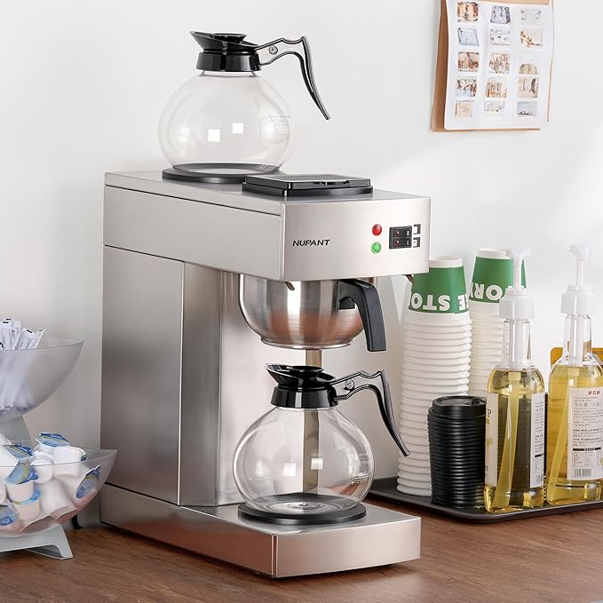 NUPANT 12-Cup Coffee Maker 1.8L Commercial Drip Coffee Maker Pour Over Coffee Machines with 2 Glass Carafes and 2 Warmers Plate Stainless Steel Coffee Brewer for Cofe Bar and Restaurant