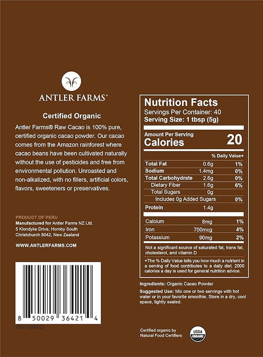 Antler Farms - 100% Pure Organic Raw Cacao Powder, 40 servings, 200g - Vegan, Gluten Free, Cultivated Naturally in Amazon Rainforest, Certified USDA Organic