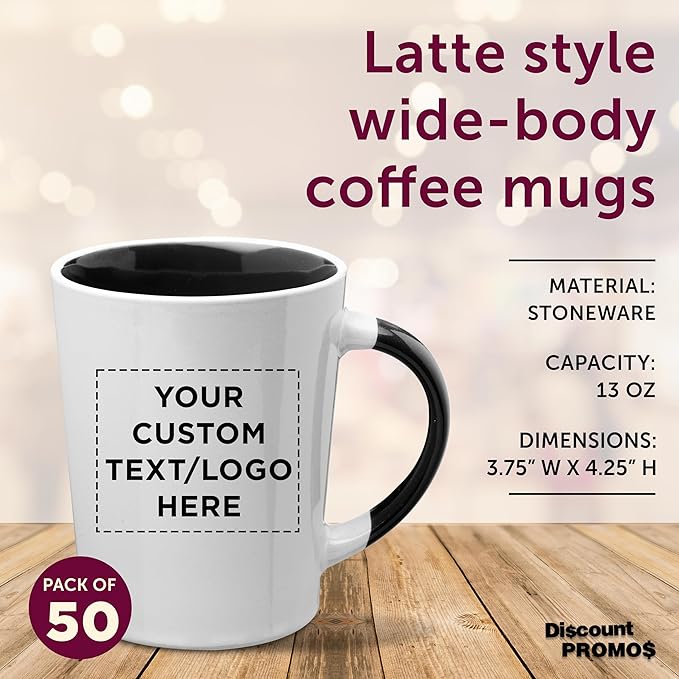 Custom Ceramic Latte Coffee Mugs by Albany 13 oz. Set of 50, Personalized Bulk Pack - Perfect for Coffee, Tea, Espresso, Hot Cocoa, Other Beverages - Black