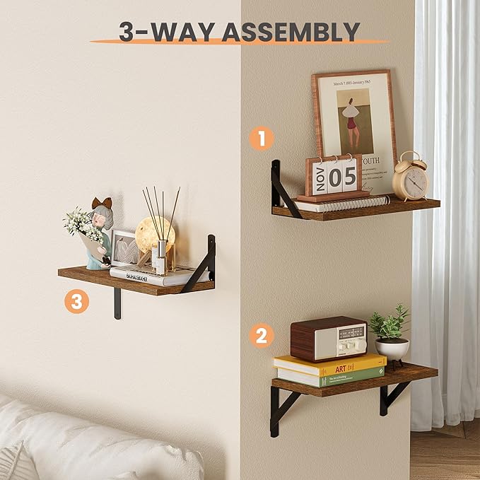 upsimples Floating Book Shelves for Wall, 15.7 Inches Wood Shelves for Living Room, Bathroom, Bedroom, Kitchen Storage and Decoration, Brown