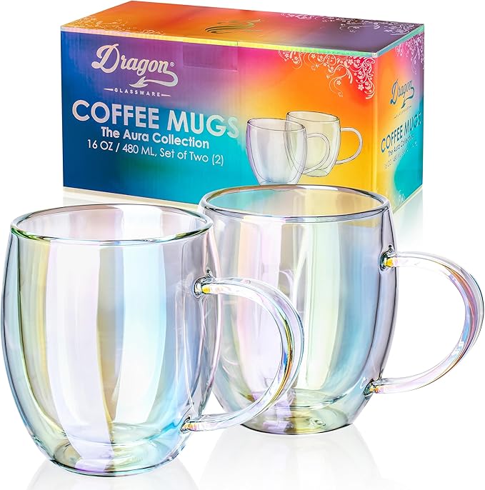 Dragon Glassware Double Walled Glass Coffee Mugs - 16 oz, Set of 2 Glass Coffee Cups to Keep Beverages Hot or Cold Longer - Iridescent Double Walled Crystal Mugs