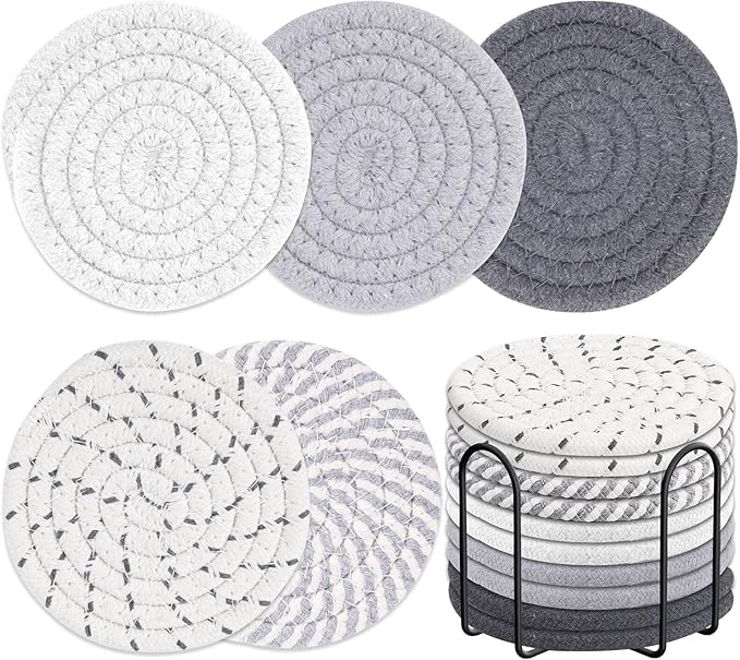 Billbotk 10 Pieces Coasters for Drink Absorbent, 5 Colors Drink Coasters with Holder, Woven Coasters Set for Coffee Table, Wooden Table Decor, Home Decor, 4.3 Inches