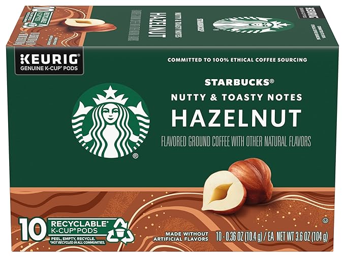 Starbucks Flavored Coffee K-Cup Pods, Hazelnut Flavored Coffee, Made without Artificial Flavors, Keurig Genuine K-Cup Pods, 10 CT K-Cups/Box (Pack of 2 Boxes)