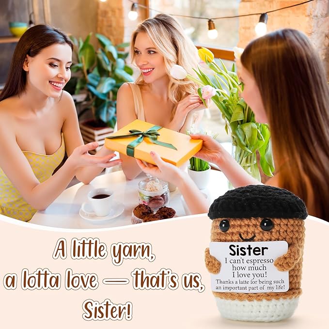 Mini Funny Coffee Sister Birthday Gifts from Sister, Graduation Soul Sister Friend Gifts for Women Girls Presents, Handmade Crochet Coffee Inspirational Cheer up Emotional Gift Desk Decor