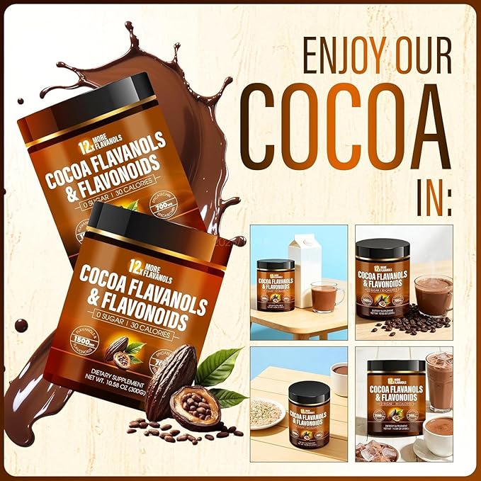 High Flavanol Cocoa Powder - 1500mg Per Serving with Cocoa Flavanols & Flavonoids 700mg Epicatechin, Boosts Circulation, Nitric Oxide, Energy and Heart Health - 300g（1）