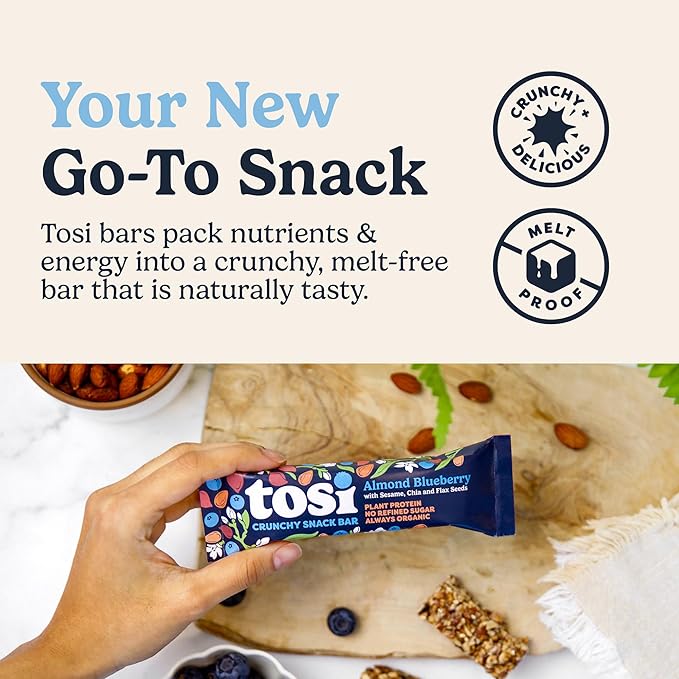 Tosi Nut Bars, Almond Blueberry, Healthy Snacks for Adults & Kids, Plant Based Crunchy Bars (6G Protein), Organic Keto Snacks, Vegan, Gluten & Soy Free, Low Sugar, Omega 3s, 1oz, 12-Pack
