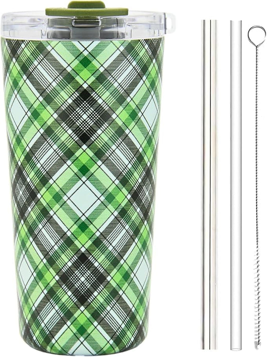 Drinco - 20 oz Stainless Steel Tumbler | Double Walled Vacuum Insulated Mug With Lid, 2 Straws, For Hot & Cold Drinks (20oz Ireland Plaid)