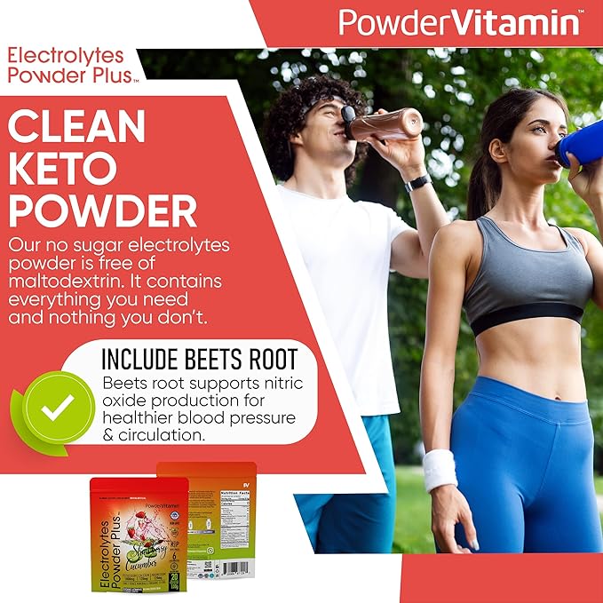 PowderVitamin Electrolytes Powder Plus (20 Servings) Strawberry Cucumber Electrolyte Powder Zero Calorie Keto,0Sugar,No Maltodextrin,1000mg Potassium,120mg Calcium,120mg Magnesium, Pink Himalayan Salt