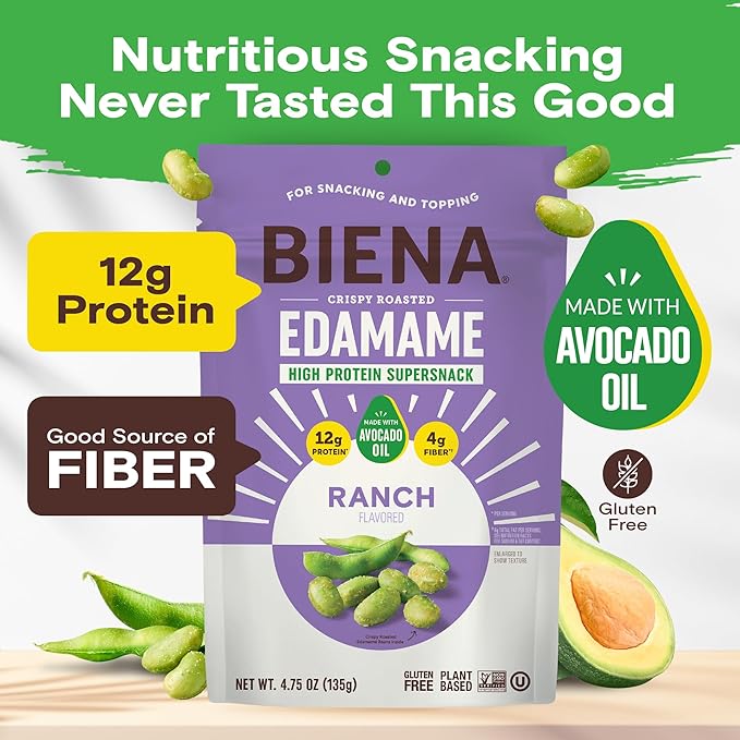 Biena Crispy Roasted Edamame Beans Snack – High Protein Snack for Adults & Kids, 12g-13g Protein per Serving - Made with Avocado Oil – Vegan, Low Carb, Gluten-Free – 3-Pack 4.75oz, Ranch