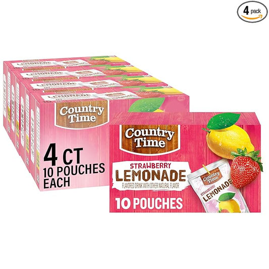 Country Time Strawberry Lemonade Ready to Drink Flavored Drink Pouches, 40 ct Pack, 4 Boxes of 10 Drink Pouches