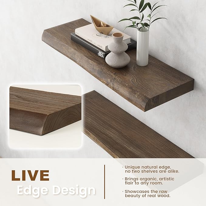 Live Edge Elm Floating Shelves for Wall Decor, Rustic Solid Wood Shevles Wall Mounted with Invisible Bracket for Living Room Bathroom Bedroom Kitchen, 24 Inch Set of 2, Walnut