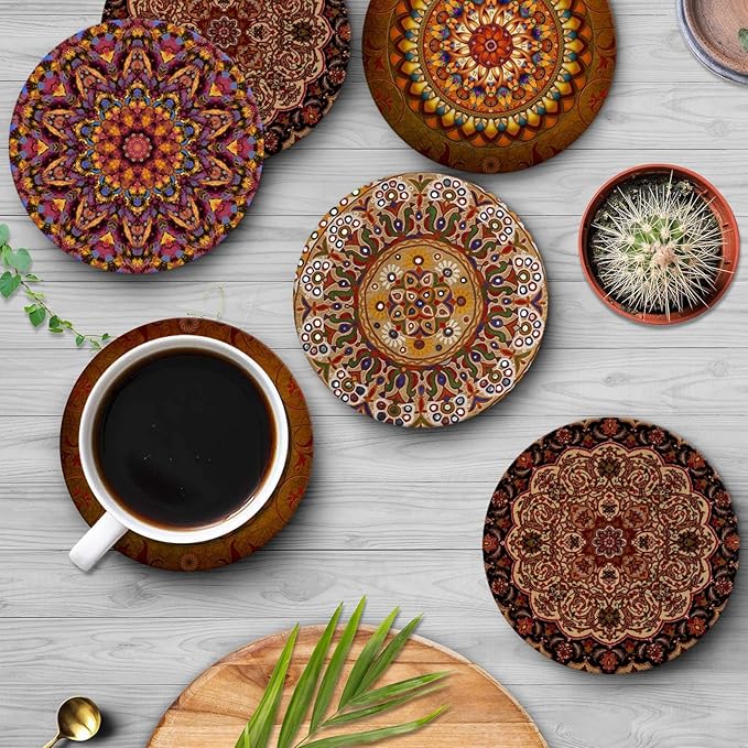 Britimes Coaster for Drinks Set of 6, Africa Mandala Circular Colorful Table Absorbent Round Ceramic Stone Mat, with Cork Base and Metal Holder, Gift for Housewarming Room Bar Decor