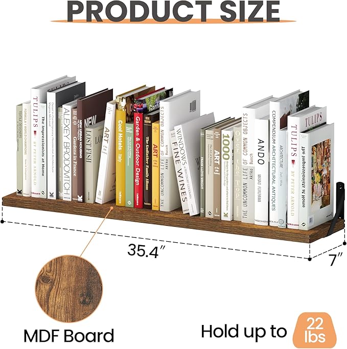 upsimples Floating Book Shelves for Wall, 35.4 Inches Long Floating Wood Shelves for Living Room, Library, Bedroom, Office Organizer and Storage, Brown