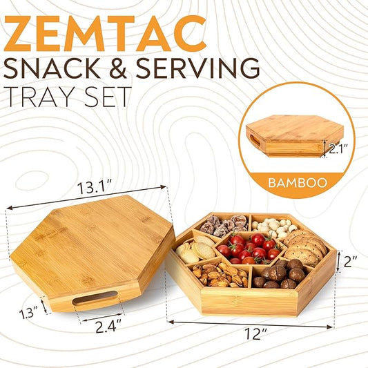 Snack Tray with Lid That Doubles as a Serving Tray – 13"x11" Bamboo Wooden Dry Fruit Tray for Nuts & Candy, Decorative Trays for Home Decor, Coffee Table or Ottoman Use (Bamboo, 13"x11")