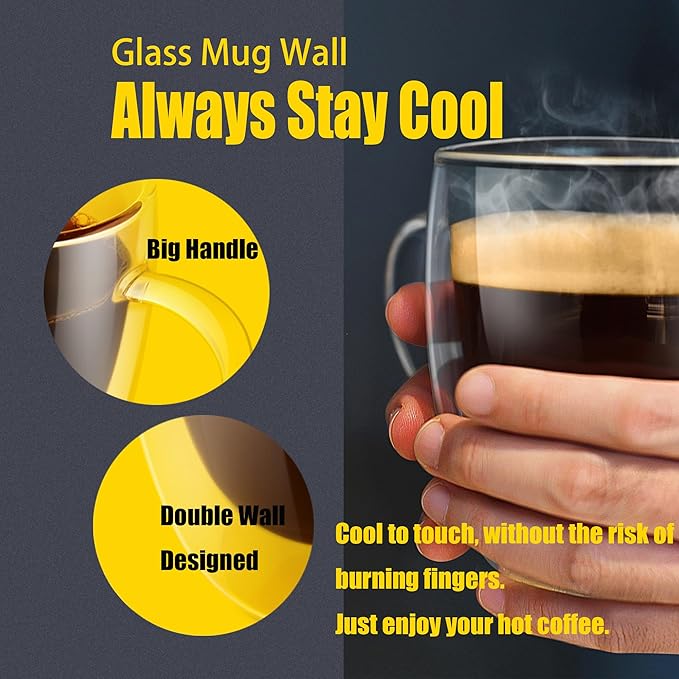PunPun 8.5oz/250ml Espresso Cups, Double Wall Insulated Glass Cups, Set of 2