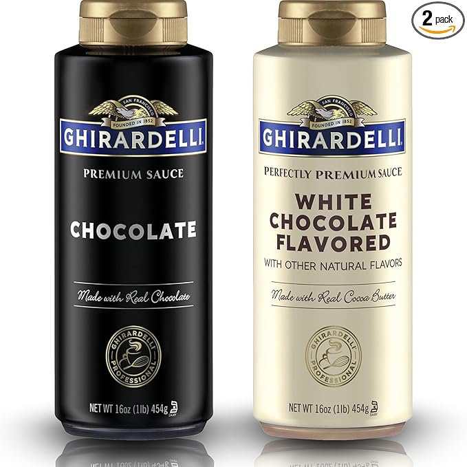 Ghirardelli Flavored Sauce Variety Pack | 16 oz Bottles (Pack of 2) | White Chocolate and Chocolate Dessert Toppings for Coffee Drinks, Ice Cream, and Baking Recipes
