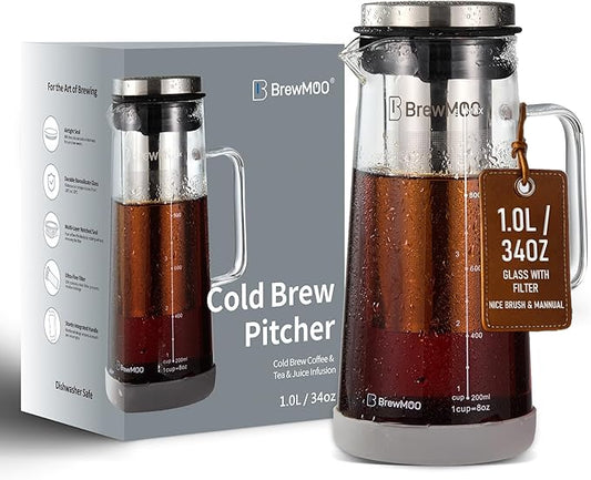 BrewMOO Cold Brew Coffee Maker Pitcher, 1.0L/34Oz Airtight Borosilicate Glass Carafe with 150 Mesh Precision Filter | Barista Grade Iced Coffee Maker, Integrated Glass Handle & Non Slip Base (Grey)